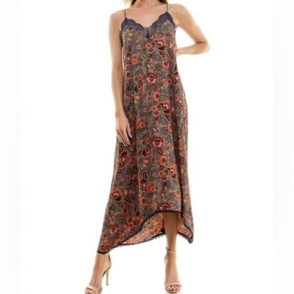 Socialite Lace Trim Midi Dress In Navy Paisley Women’s Sz XS